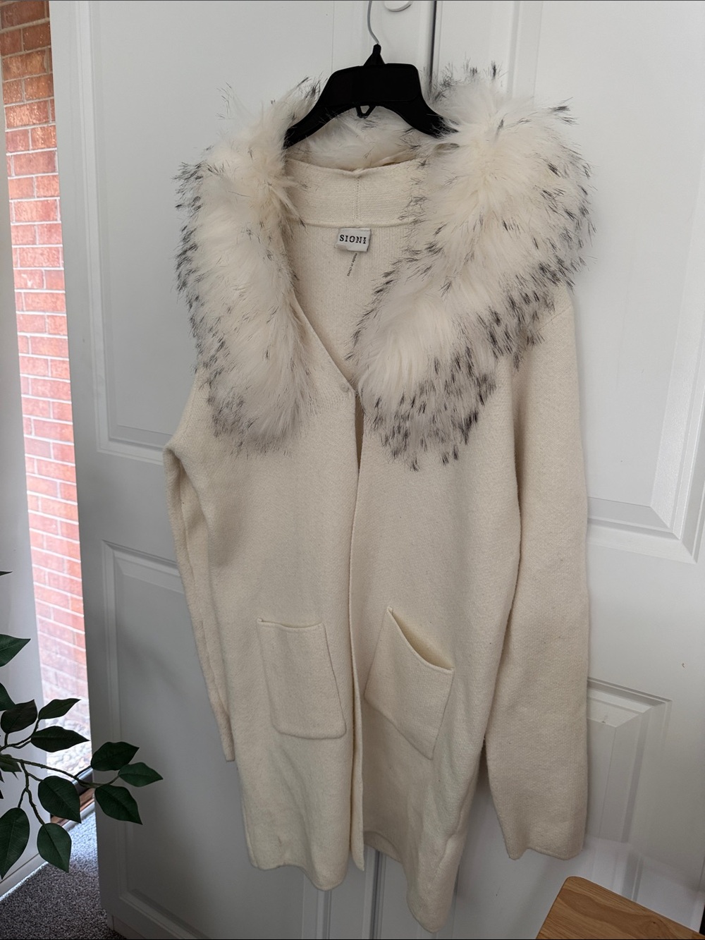 Sioni Cream Open-Front Cardigan with Faux-Fur Trim